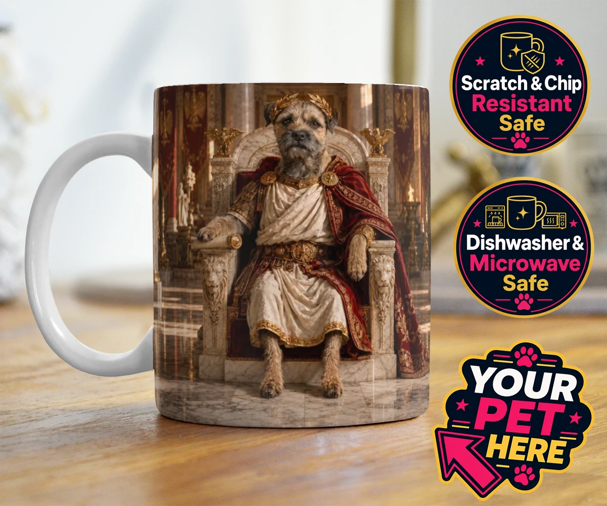 Personalised Paw Emperor dog photo mugs featuring meet the Paw Emperor, an enchanting tribute to your beloved canine com