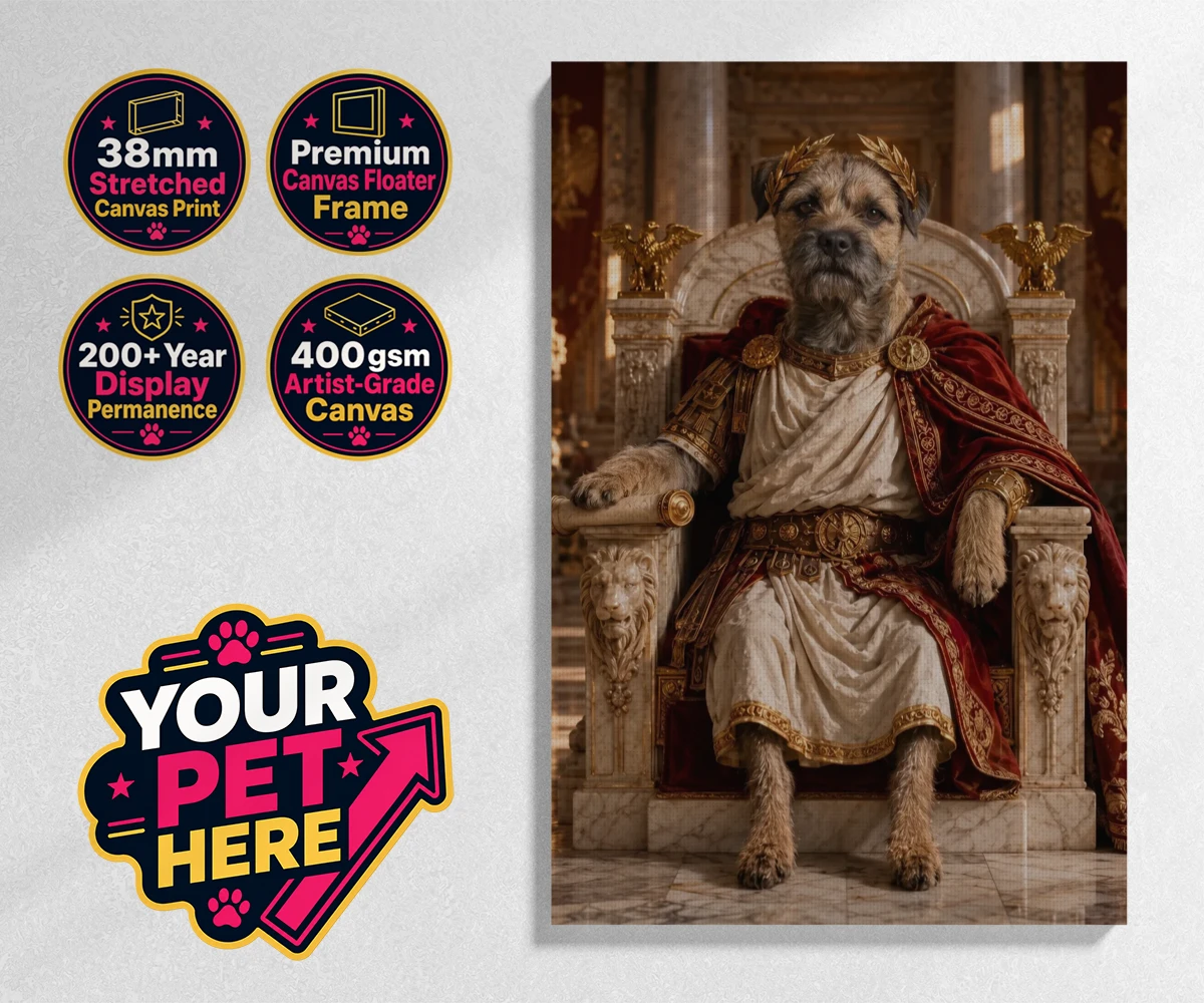 Personalised Paw Emperor dog stretched canvas print featuring meet the Paw Emperor, an enchanting tribute to your beloved canine com