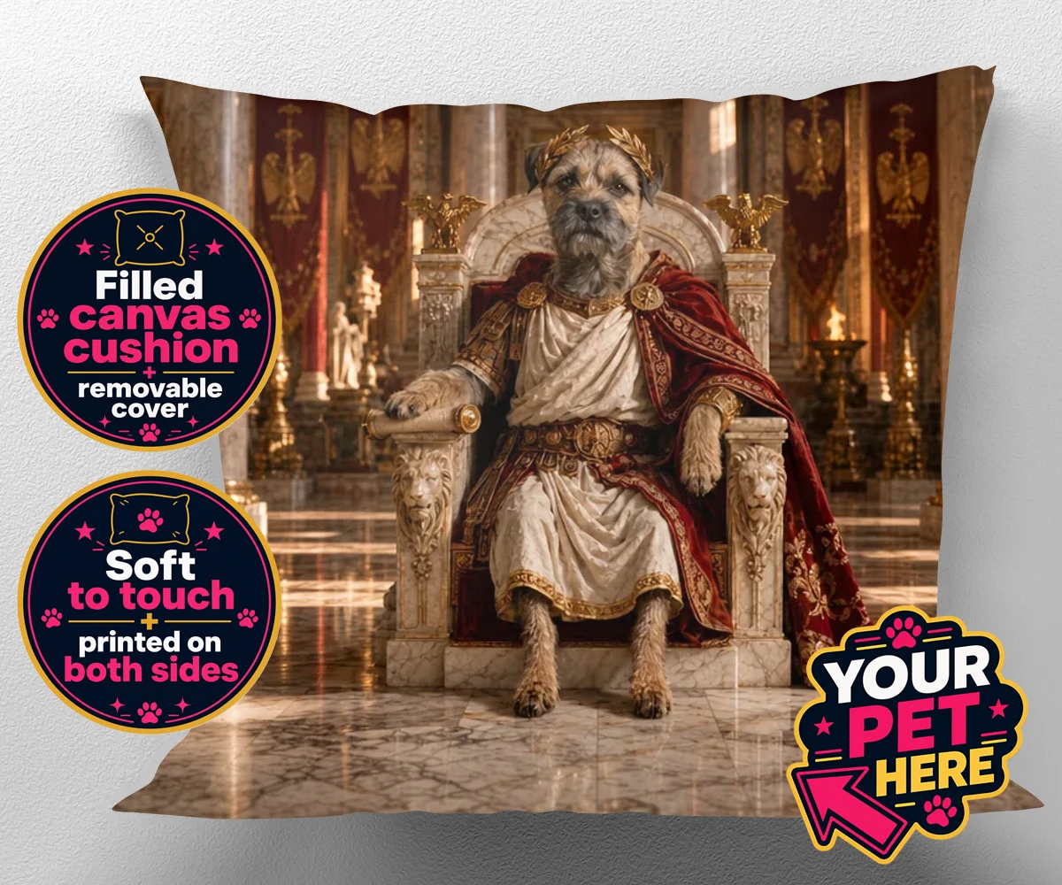 Personalised Paw Emperor dog canvas cushions featuring meet the Paw Emperor, an enchanting tribute to your beloved canine com