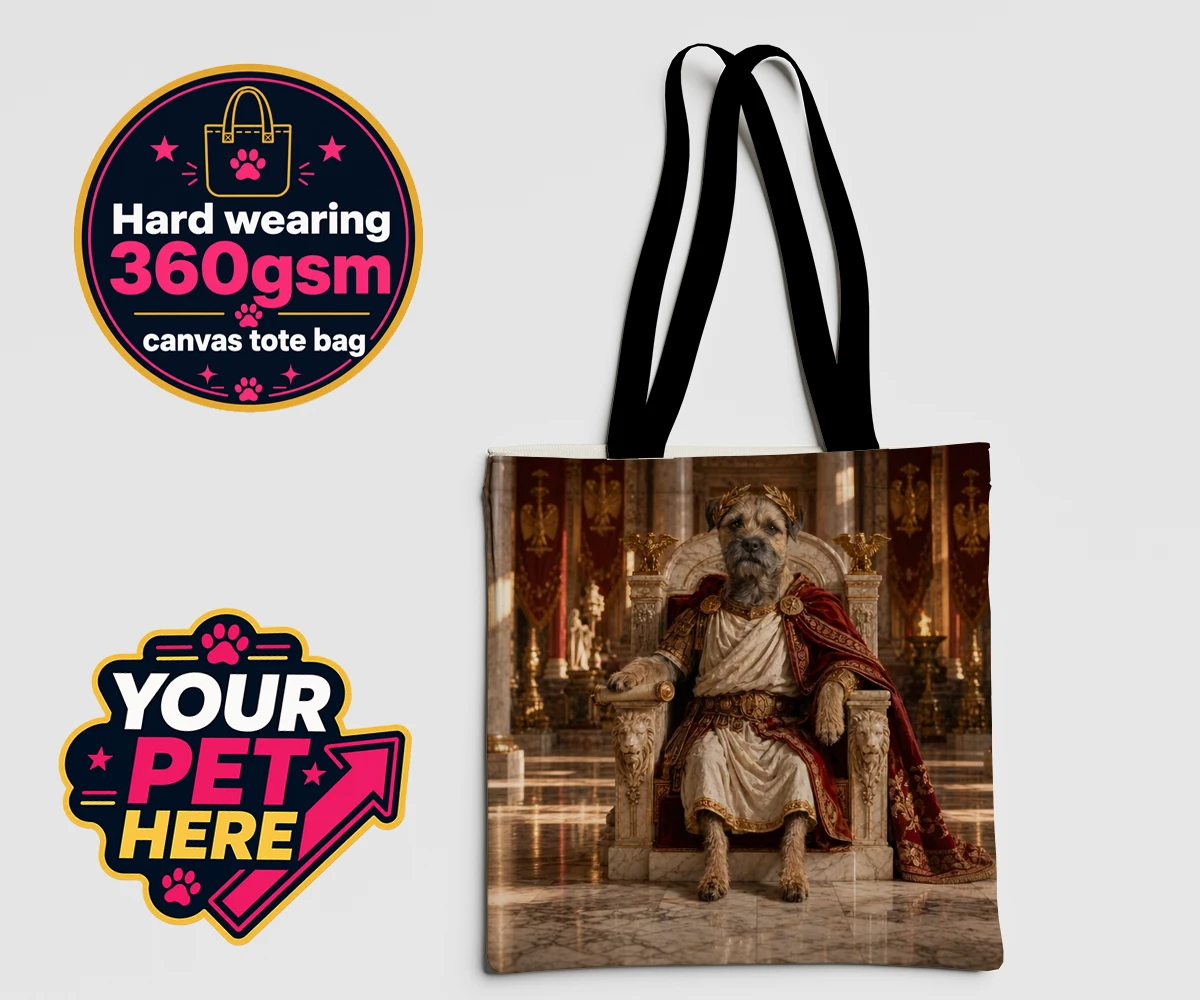 Personalised Paw Emperor dog canvas tote bags featuring meet the Paw Emperor, an enchanting tribute to your beloved canine com
