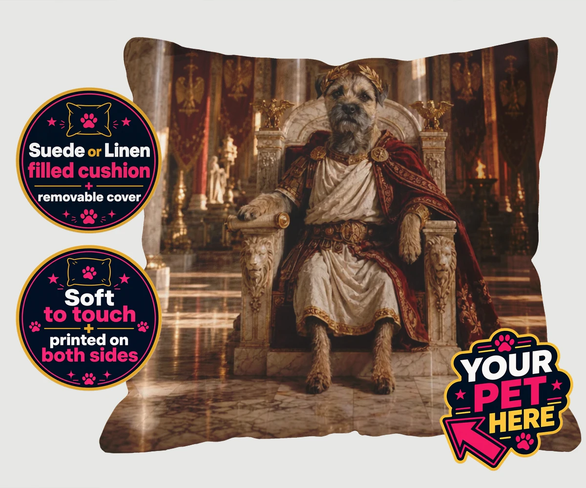 Personalised Paw Emperor dog cushions featuring meet the Paw Emperor, an enchanting tribute to your beloved canine com