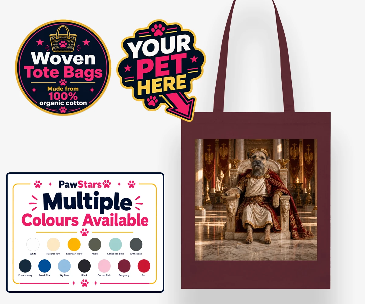 Personalised Paw Emperor dog woven tote bags featuring meet the Paw Emperor, an enchanting tribute to your beloved canine com