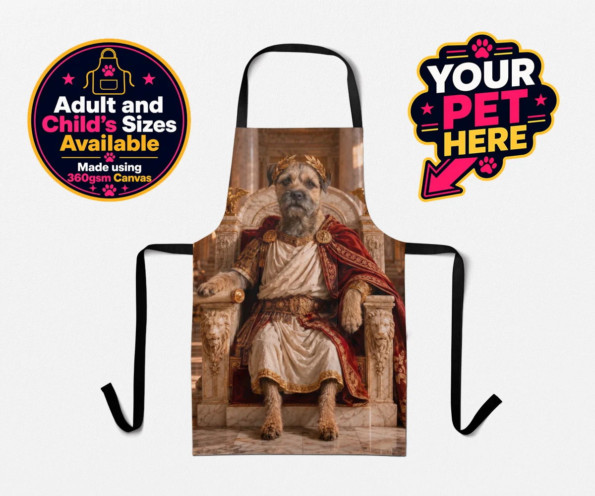 Personalised Paw Emperor dog aprons featuring meet the Paw Emperor, an enchanting tribute to your beloved canine com