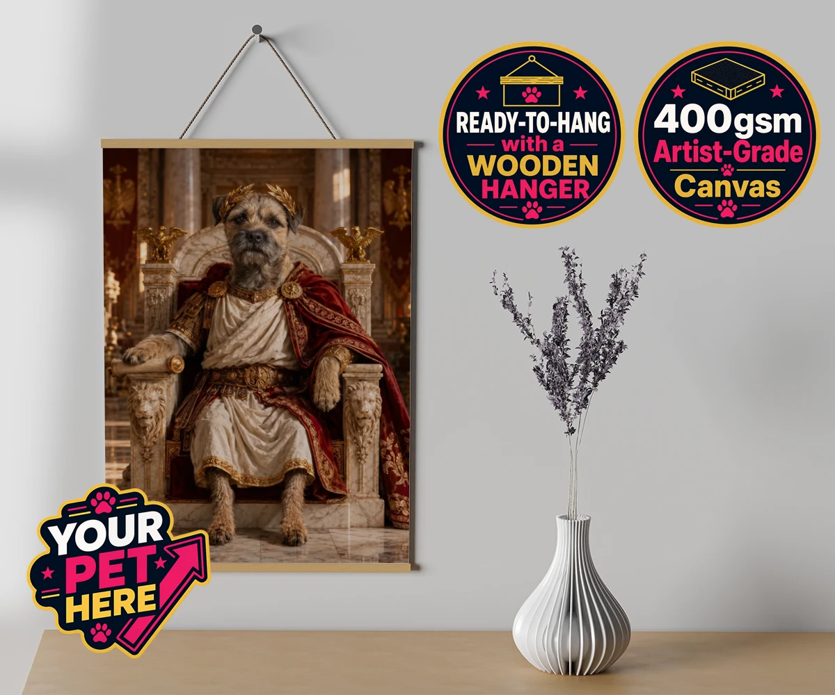 Personalised Paw Emperor dog canvas poster prints with hanger featuring meet the Paw Emperor, an enchanting tribute to your beloved canine com
