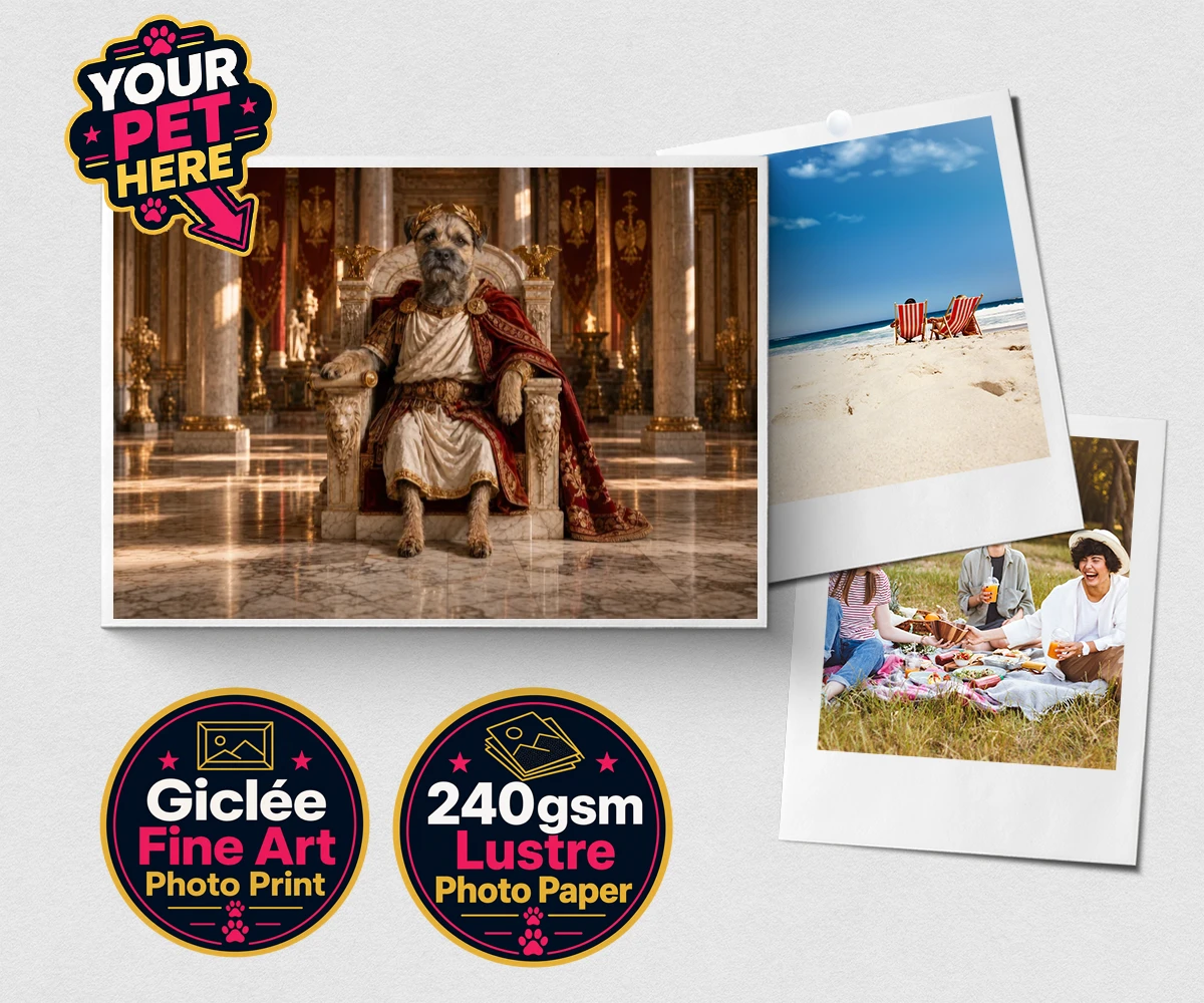 Personalised Paw Emperor dog premium photo print featuring meet the Paw Emperor, an enchanting tribute to your beloved canine com