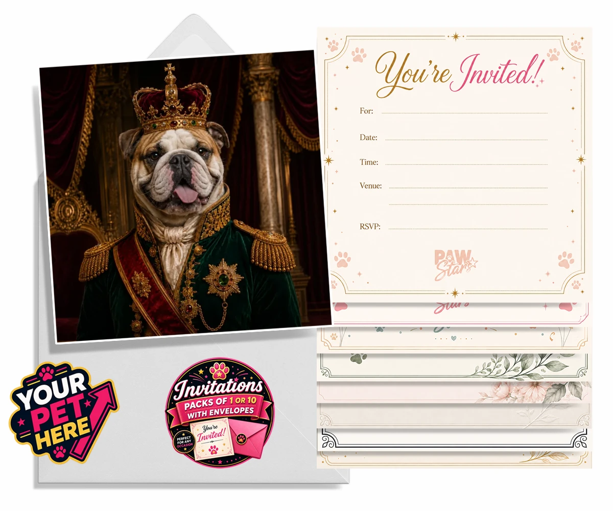 Personalised The Royal Monarch dog invitations featuring step into a world of canine royalty with our charming portrait of The