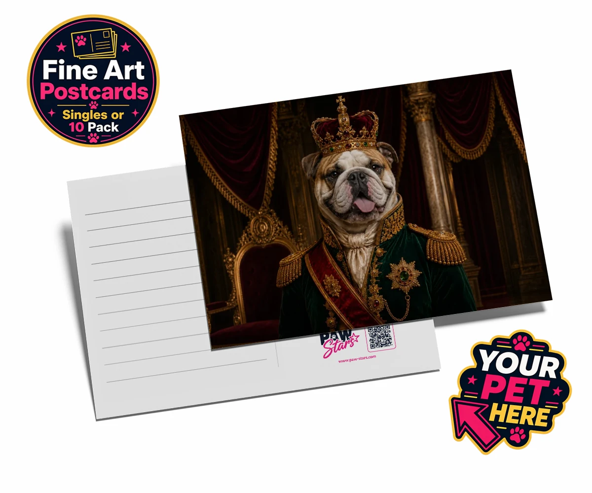 Personalised The Royal Monarch dog postcards featuring step into a world of canine royalty with our charming portrait of The