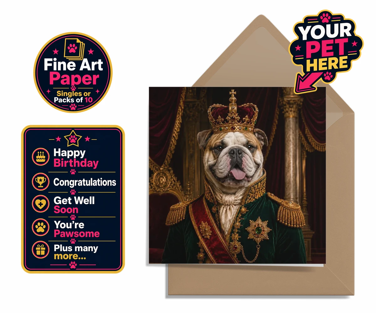 Personalised The Royal Monarch dog premium greetings cards featuring step into a world of canine royalty with our charming portrait of The
