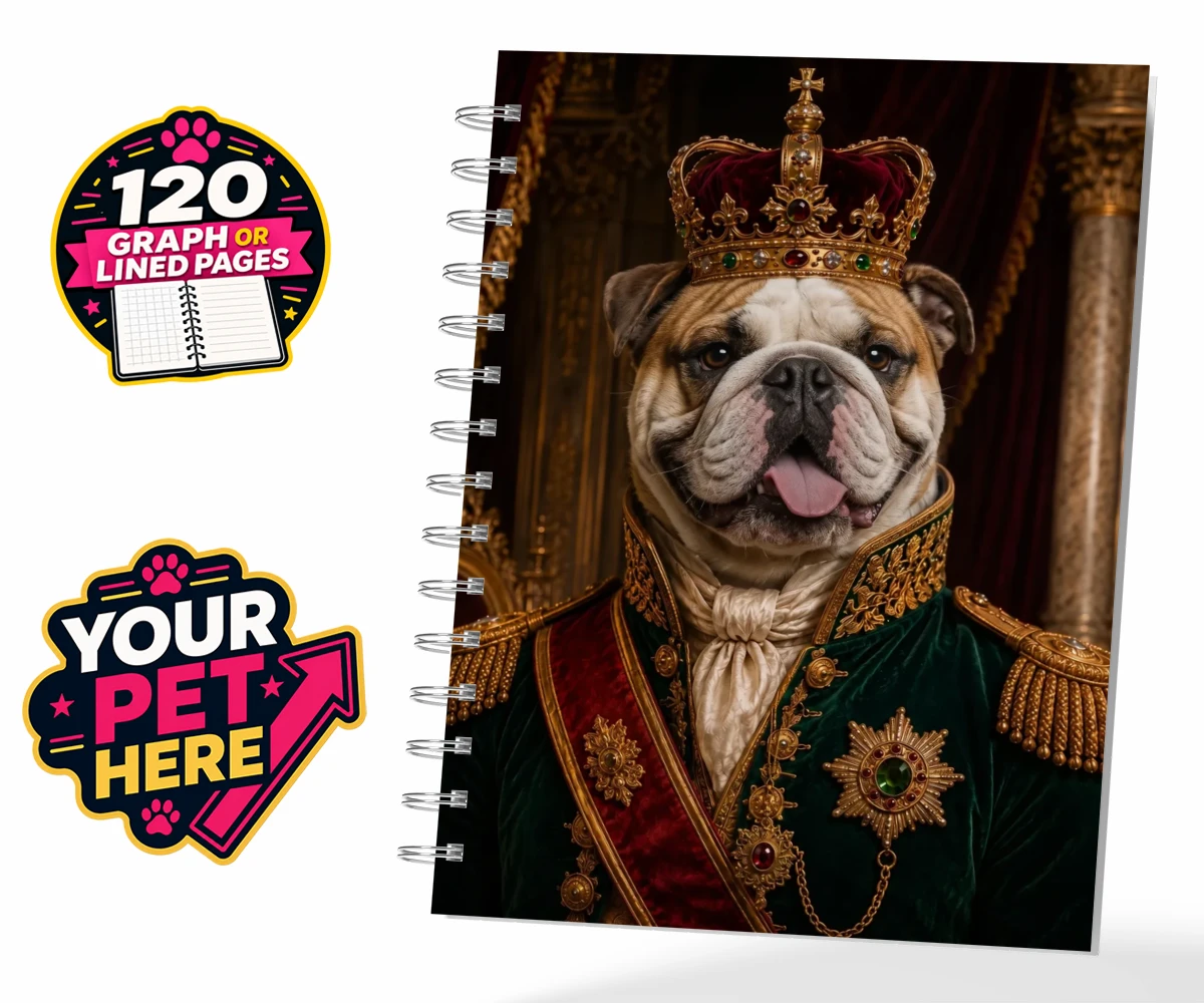 Personalised The Royal Monarch dog spiral notebook featuring step into a world of canine royalty with our charming portrait of The