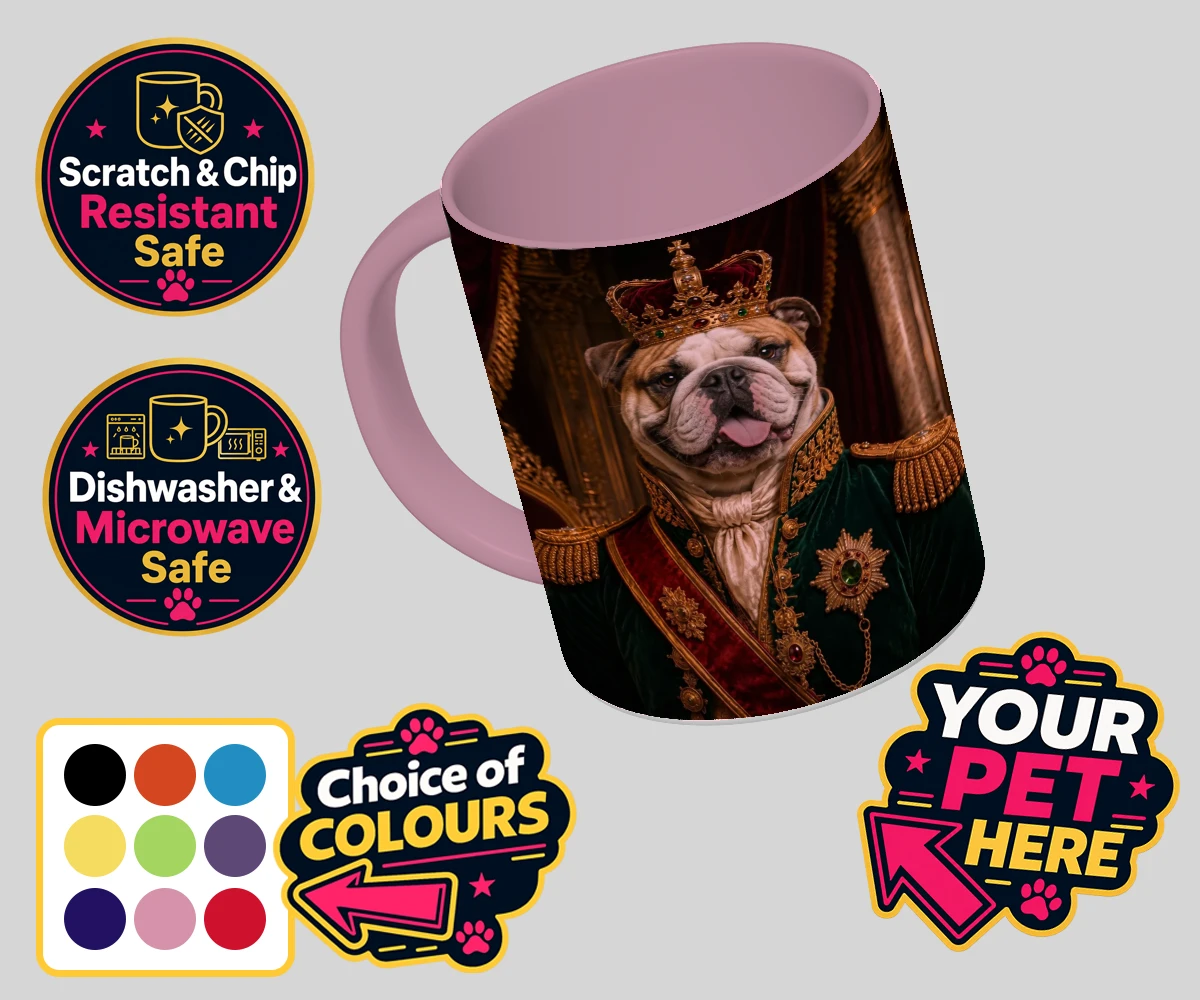 Personalised The Royal Monarch dog coloured photo mugs featuring step into a world of canine royalty with our charming portrait of The