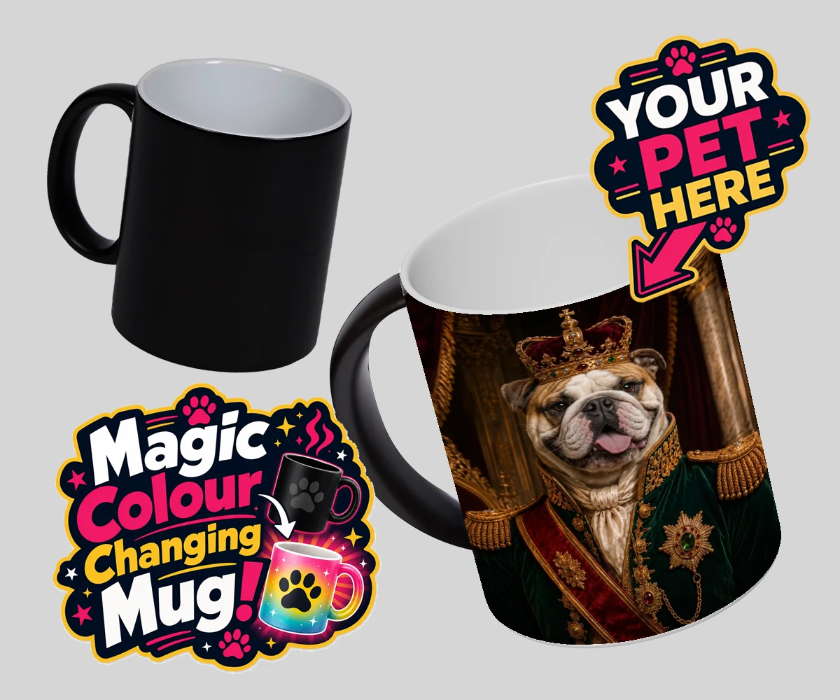 Personalised The Royal Monarch dog magic photo mugs featuring step into a world of canine royalty with our charming portrait of The