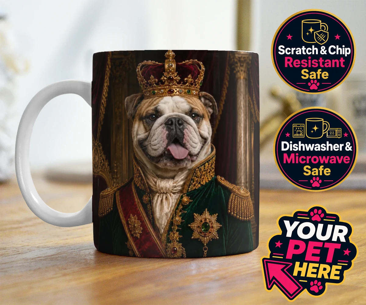 Personalised The Royal Monarch dog photo mugs featuring step into a world of canine royalty with our charming portrait of The