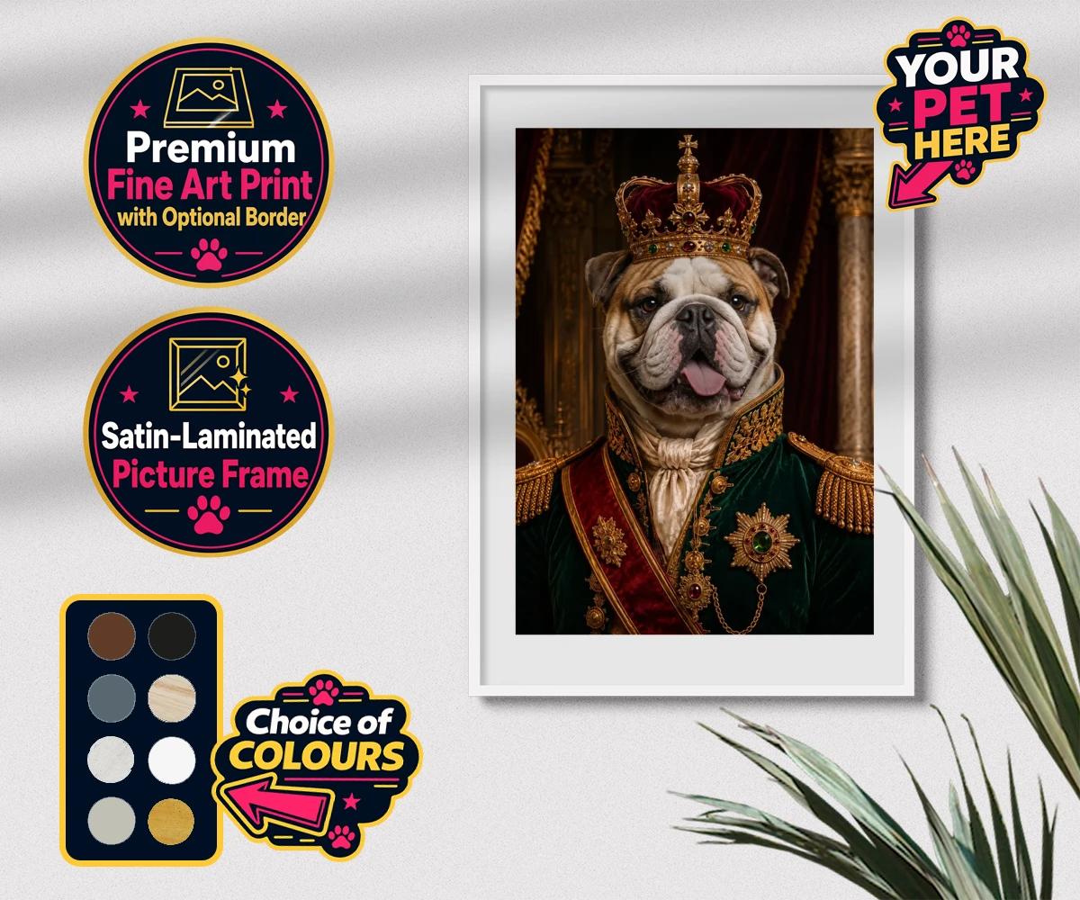 Personalised The Royal Monarch dog premium framed print featuring step into a world of canine royalty with our charming portrait of The