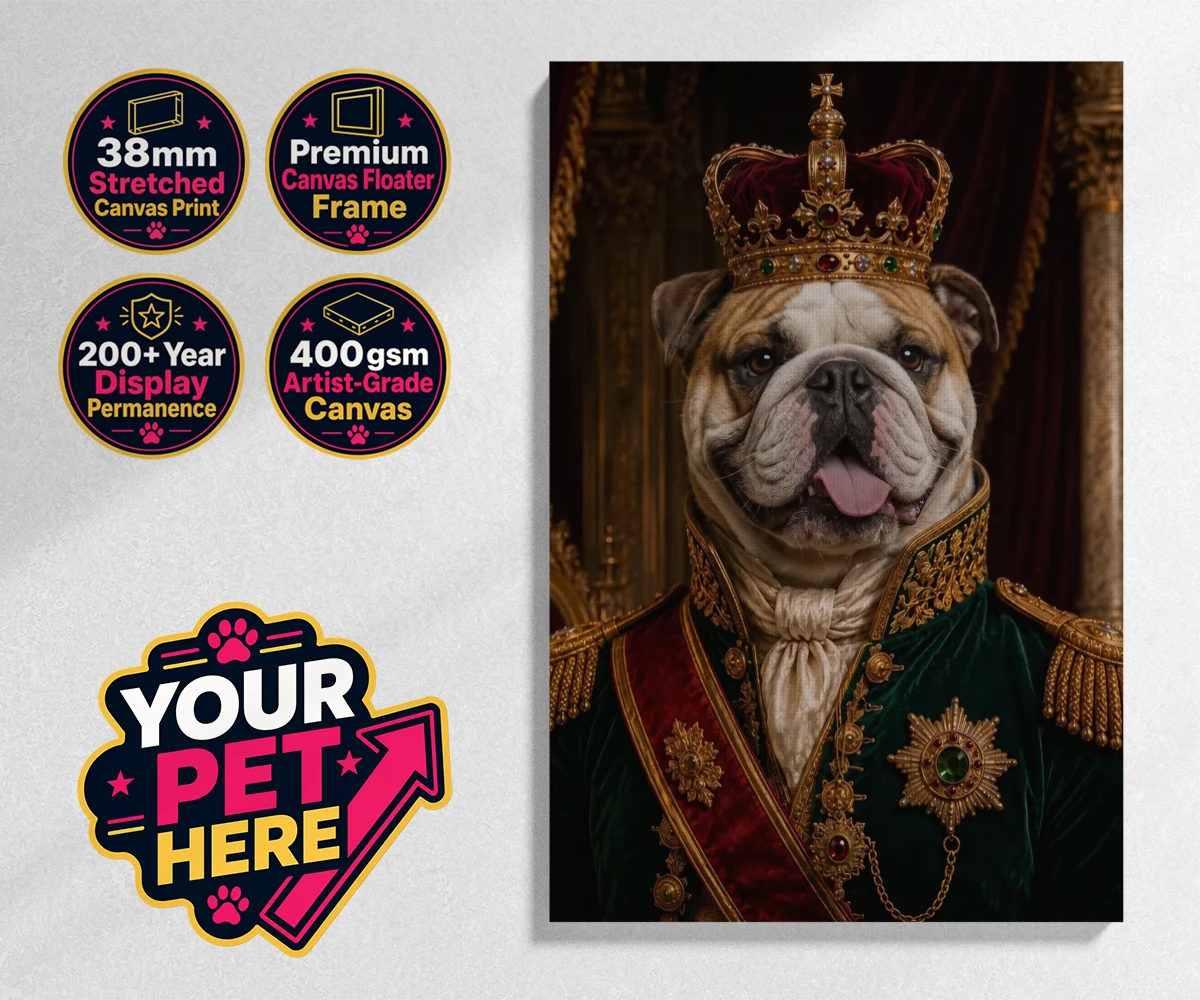 Personalised The Royal Monarch dog stretched canvas print featuring step into a world of canine royalty with our charming portrait of The