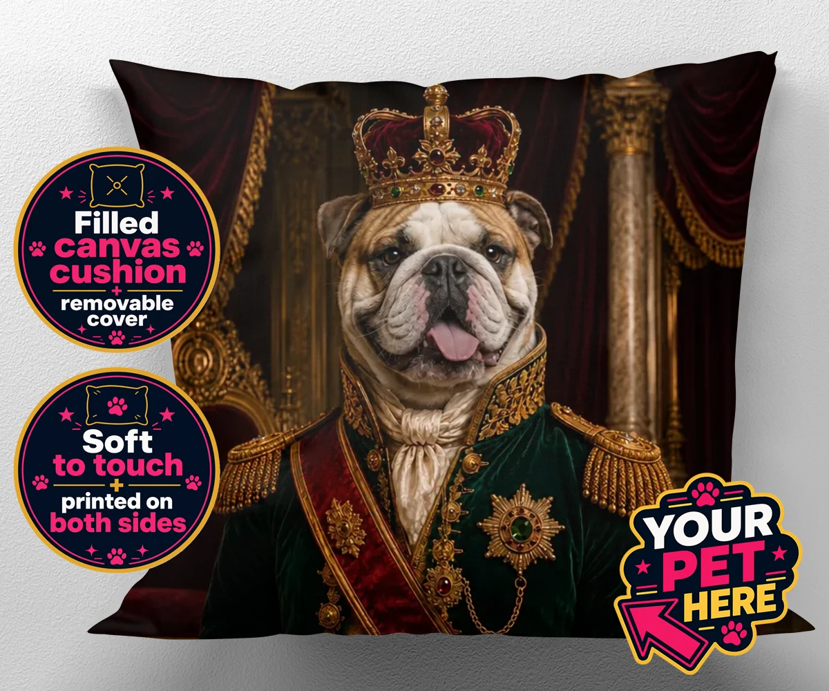 Personalised The Royal Monarch dog canvas cushions featuring step into a world of canine royalty with our charming portrait of The