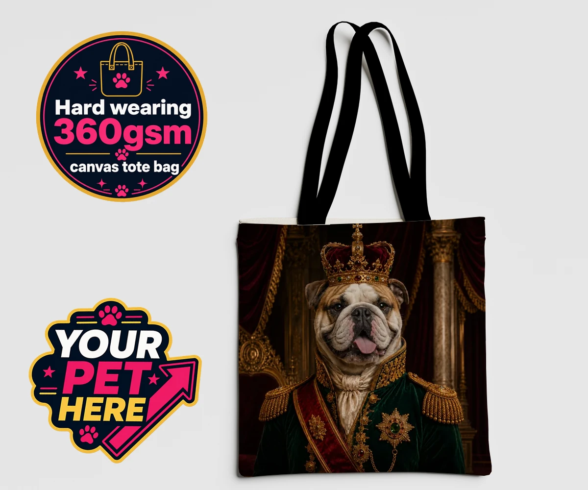 Personalised The Royal Monarch dog canvas tote bags featuring step into a world of canine royalty with our charming portrait of The