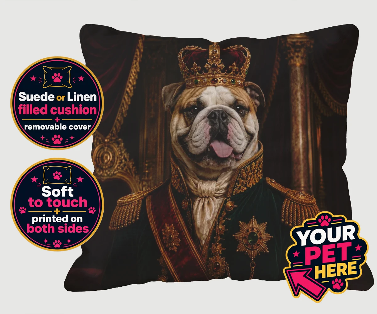 Personalised The Royal Monarch dog cushions featuring step into a world of canine royalty with our charming portrait of The