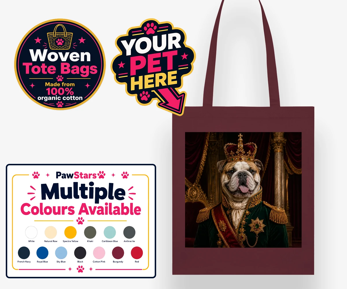 Personalised The Royal Monarch dog woven tote bags featuring step into a world of canine royalty with our charming portrait of The