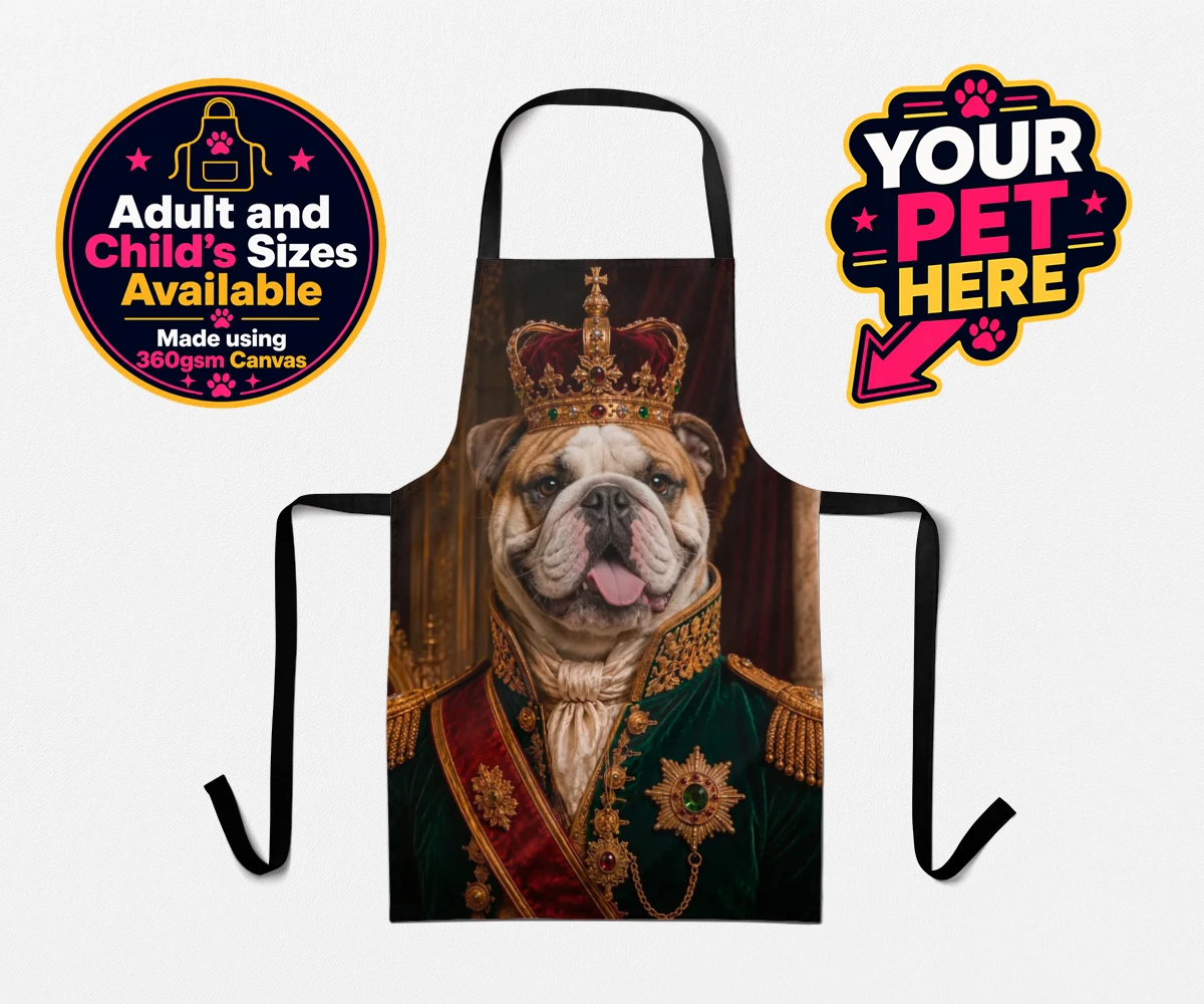 Personalised The Royal Monarch dog aprons featuring step into a world of canine royalty with our charming portrait of The