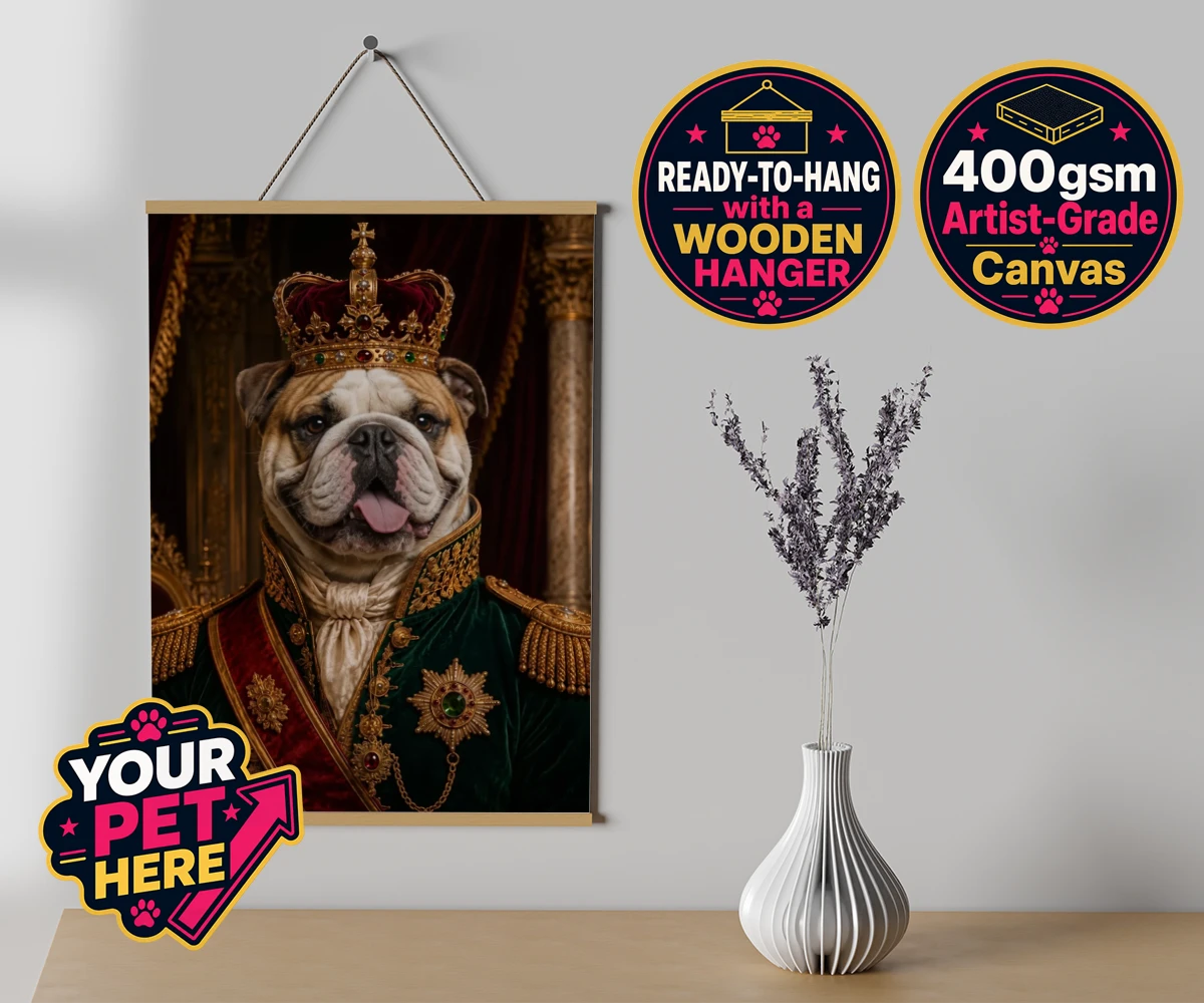Personalised The Royal Monarch dog canvas poster prints with hanger featuring step into a world of canine royalty with our charming portrait of The