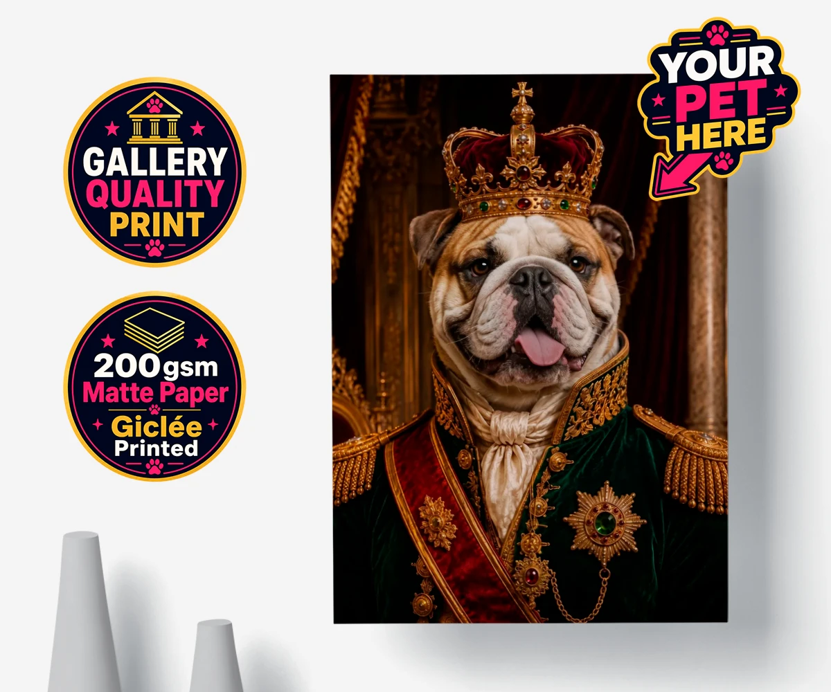 Personalised The Royal Monarch dog premium poster print featuring step into a world of canine royalty with our charming portrait of The