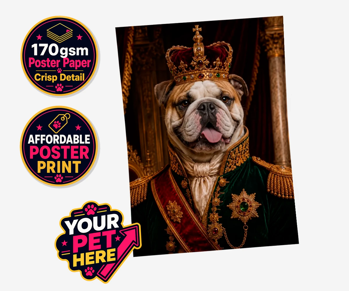 Personalised The Royal Monarch dog standard poster print featuring step into a world of canine royalty with our charming portrait of The