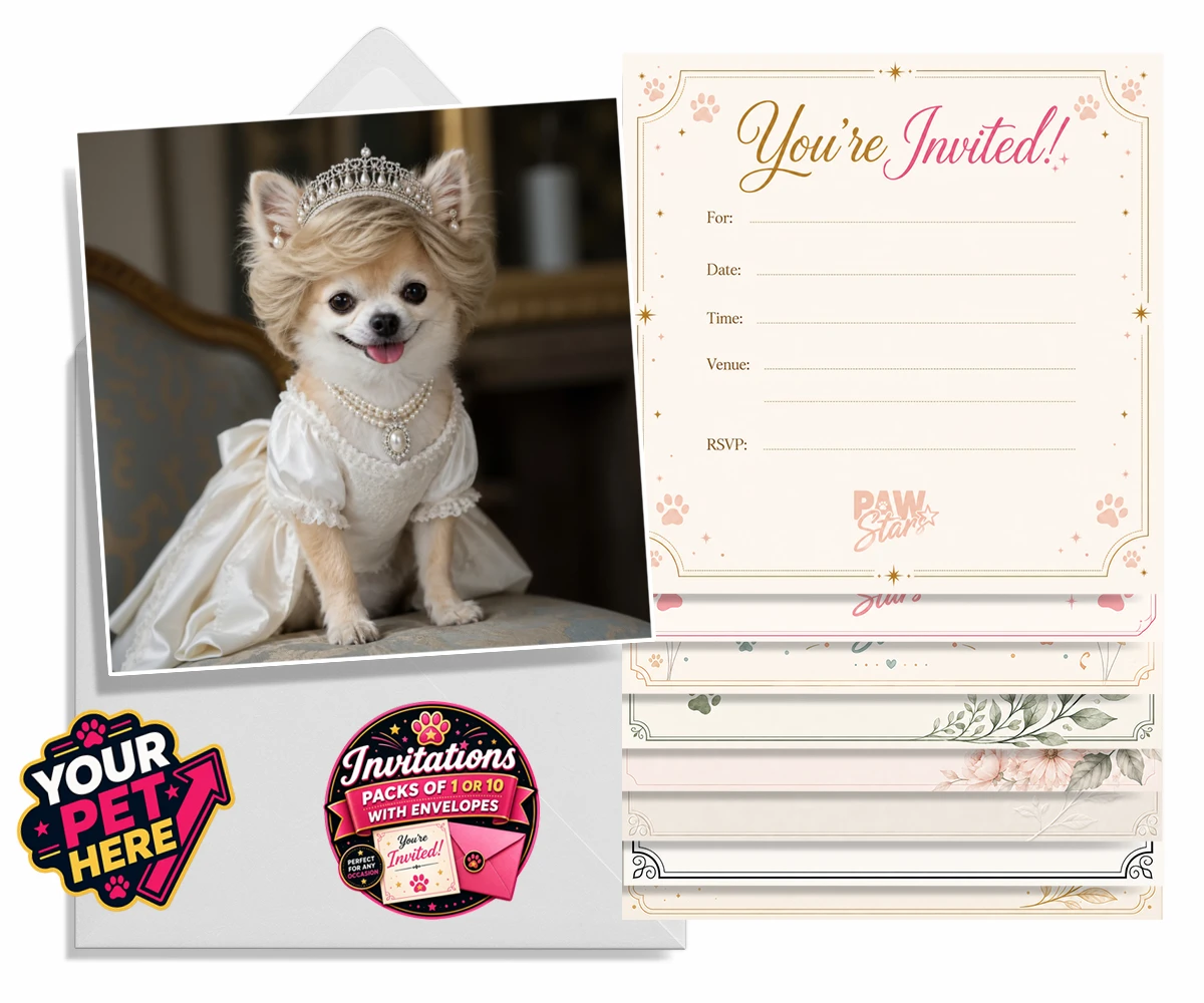 Personalised Queen of Hearts dog invitations featuring a truly regal portrait that transforms your beloved dog into a royal l