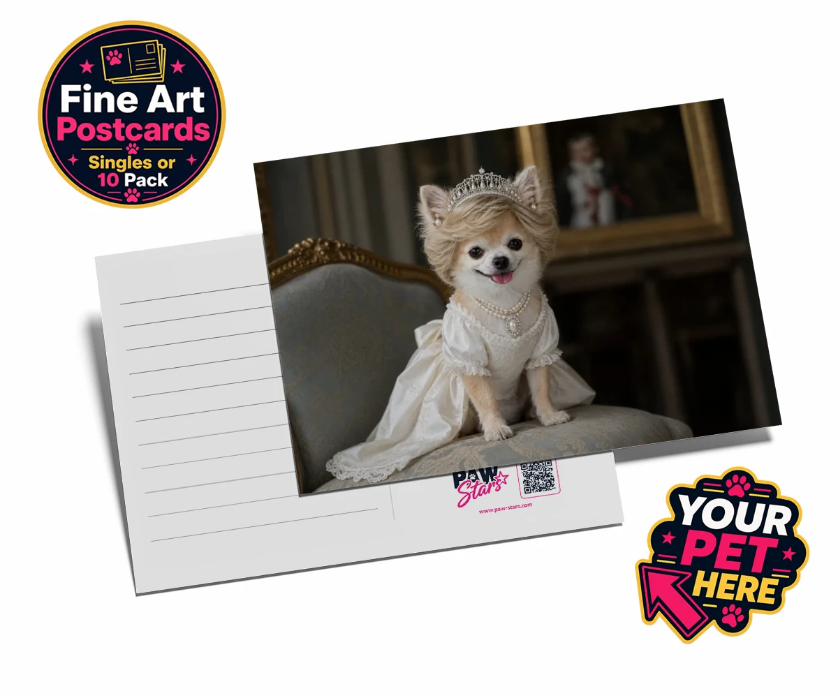 Personalised Queen of Hearts dog postcards featuring a truly regal portrait that transforms your beloved dog into a royal l