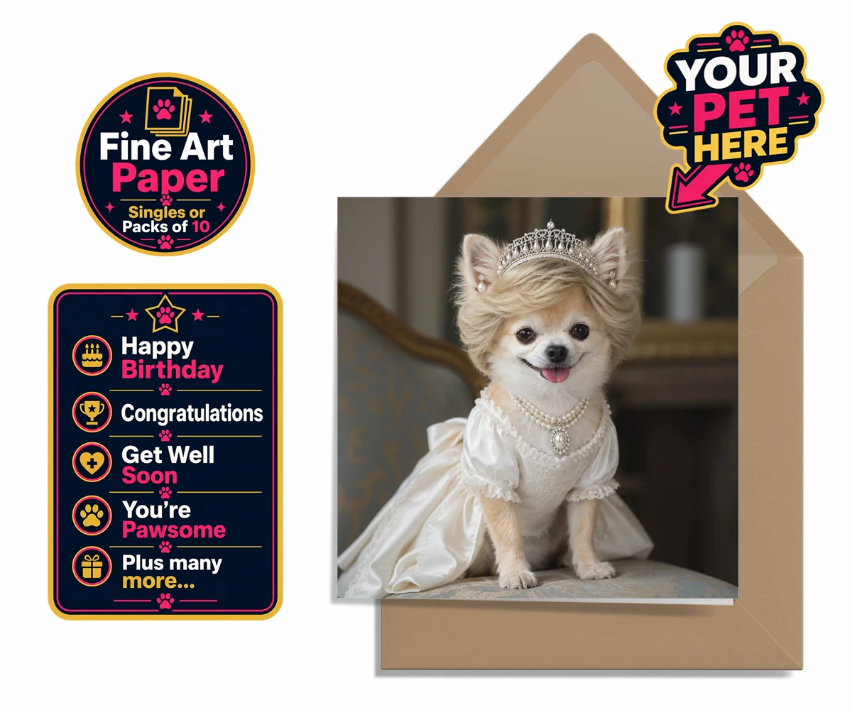 Personalised Queen of Hearts dog premium greetings cards featuring a truly regal portrait that transforms your beloved dog into a royal l
