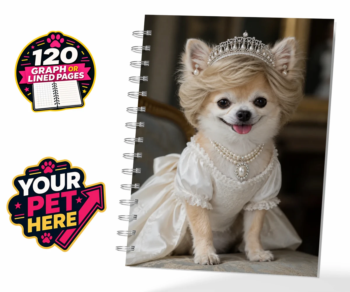 Personalised Queen of Hearts dog spiral notebook featuring a truly regal portrait that transforms your beloved dog into a royal l