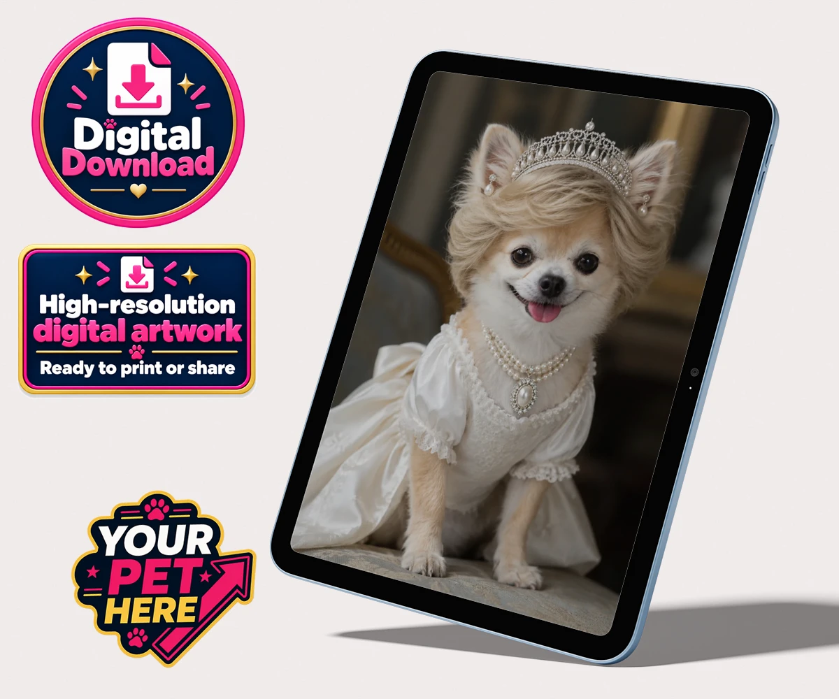 Personalised digital portrait of Queen of Hearts dog with tiara and pearl-embroidered coat