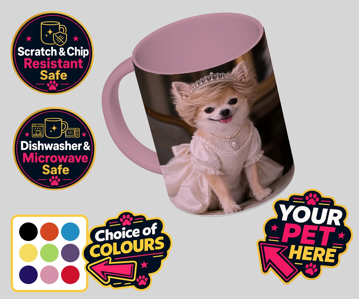 Personalised Queen of Hearts dog coloured photo mugs featuring a truly regal portrait that transforms your beloved dog into a royal l