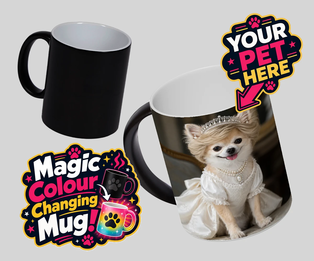 Personalised Queen of Hearts dog magic photo mugs featuring a truly regal portrait that transforms your beloved dog into a royal l