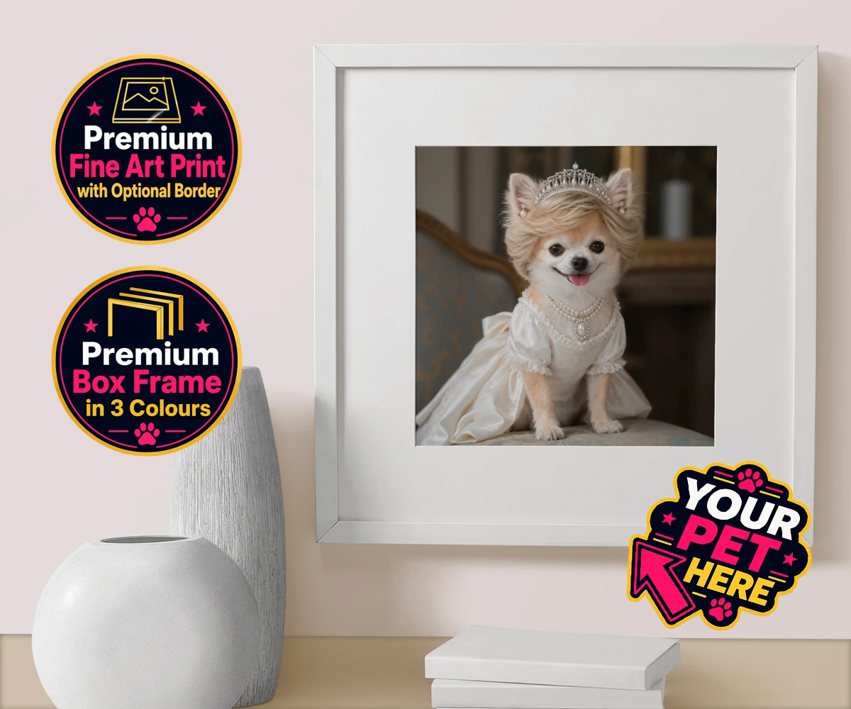 Personalised Queen of Hearts dog box framed print featuring a truly regal portrait that transforms your beloved dog into a royal l
