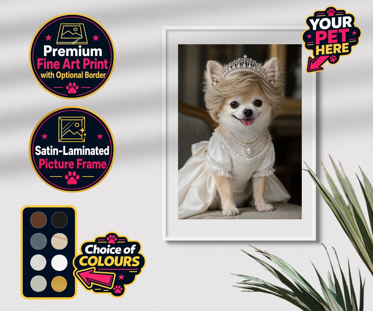 Personalised Queen of Hearts dog premium framed print featuring a truly regal portrait that transforms your beloved dog into a royal l