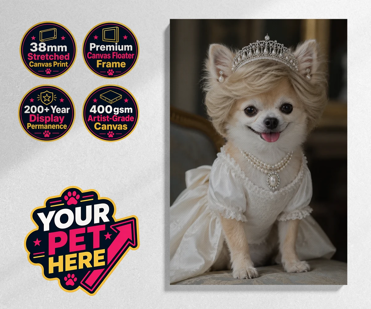 Personalised Queen of Hearts dog stretched canvas print featuring a truly regal portrait that transforms your beloved dog into a royal l
