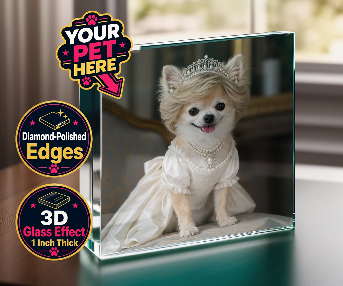 Personalised Queen of Hearts dog acrylic prisms featuring a truly regal portrait that transforms your beloved dog into a royal l