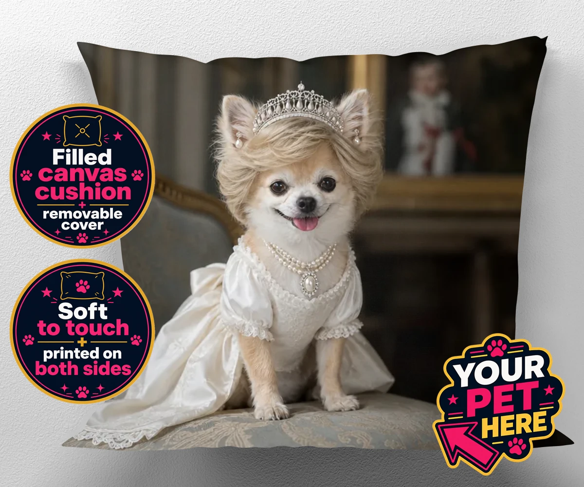 Personalised Queen of Hearts dog canvas cushions featuring a truly regal portrait that transforms your beloved dog into a royal l