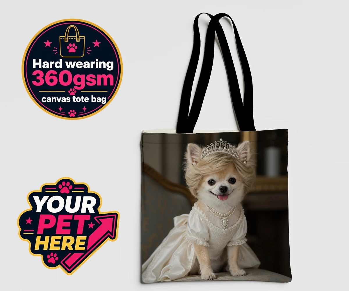 Personalised Queen of Hearts dog canvas tote bags featuring a truly regal portrait that transforms your beloved dog into a royal l