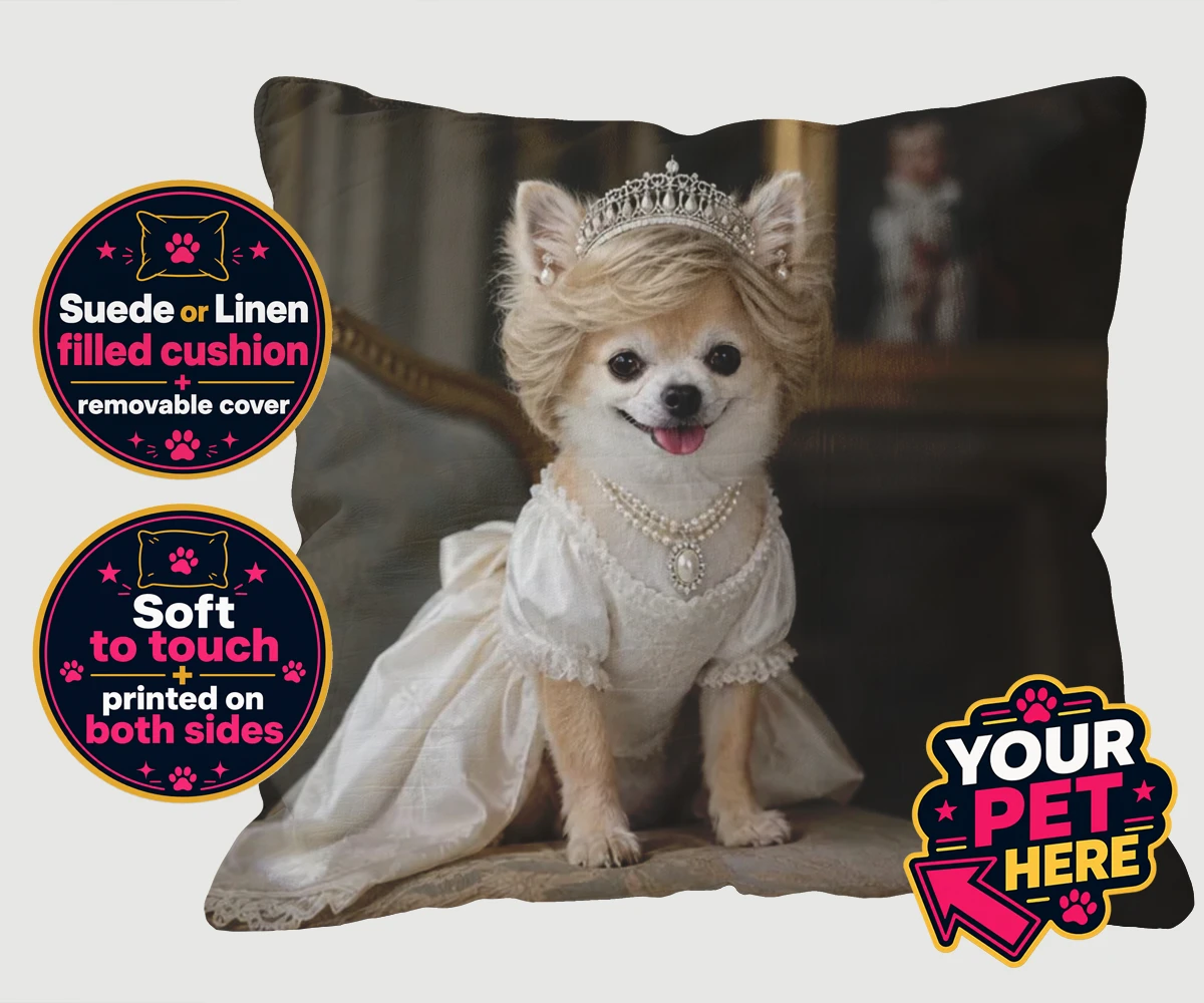 Personalised Queen of Hearts dog cushions featuring a truly regal portrait that transforms your beloved dog into a royal l