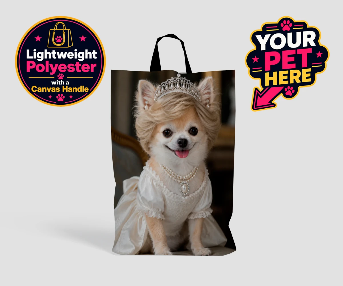 Personalised Queen of Hearts dog shopping bags featuring a truly regal portrait that transforms your beloved dog into a royal l