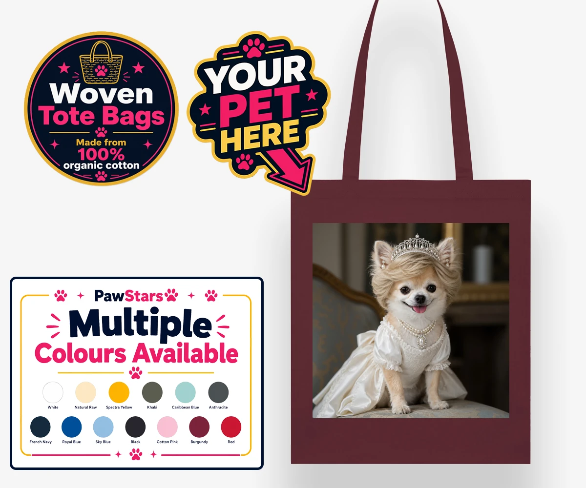 Personalised Queen of Hearts dog woven tote bags featuring a truly regal portrait that transforms your beloved dog into a royal l
