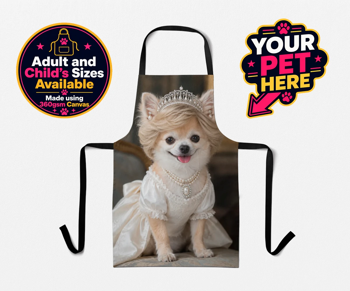 Personalised Queen of Hearts dog aprons featuring a truly regal portrait that transforms your beloved dog into a royal l