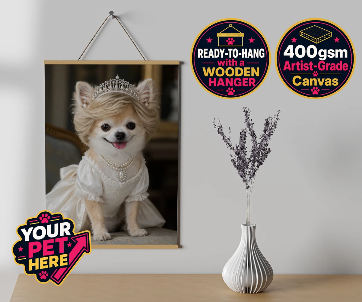 Personalised Queen of Hearts dog canvas poster prints with hanger featuring a truly regal portrait that transforms your beloved dog into a royal l
