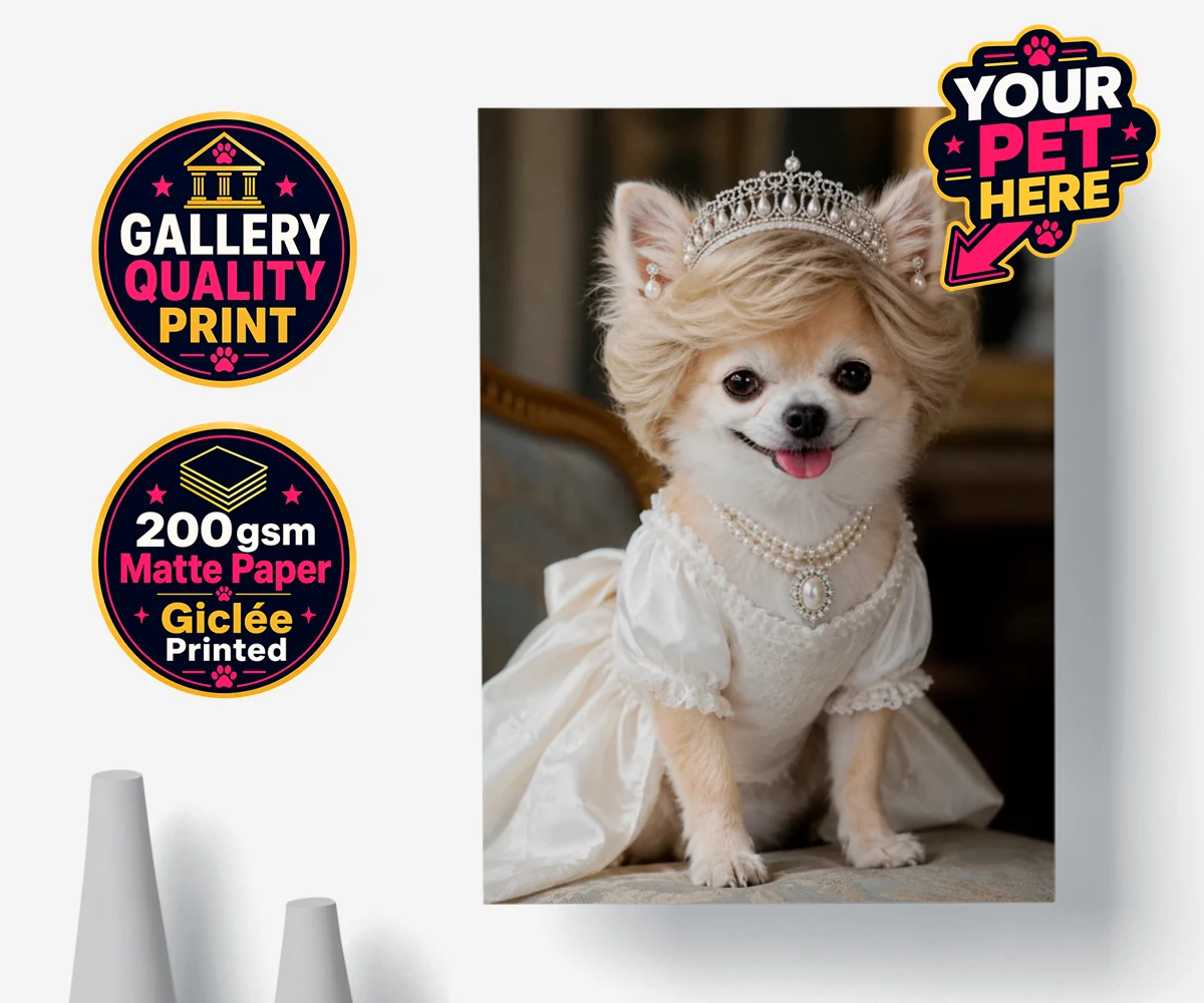 Personalised poster print of Queen of Hearts dog, featuring a pearl-embroidered coat and tiara