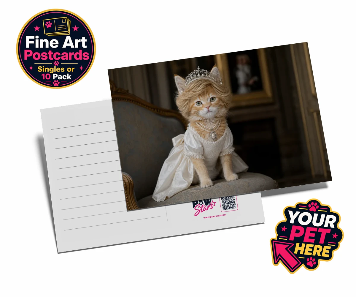 Personalised Queen of Hearts cat postcards featuring embrace the royal charm of the Queen of Hearts, a delightful custom po