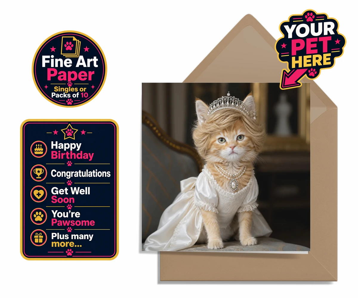 Personalised Queen of Hearts cat premium greetings cards featuring embrace the royal charm of the Queen of Hearts, a delightful custom po