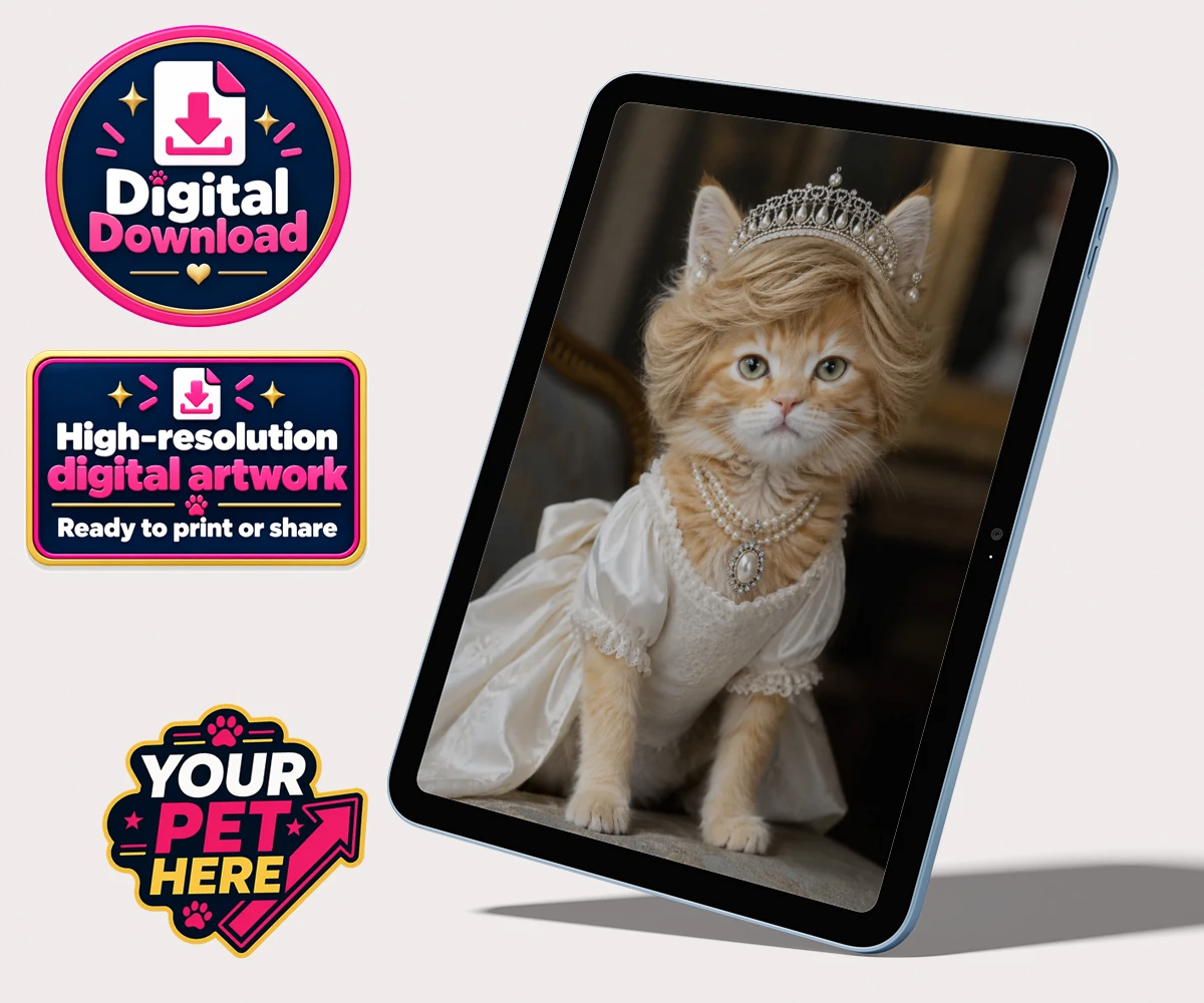 Personalised digital portrait of Queen of Hearts cat, featuring an elegant gown and pearls