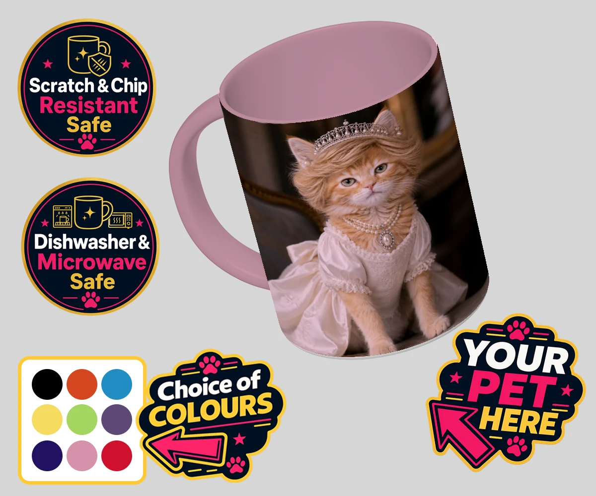 Personalised Queen of Hearts cat coloured photo mugs featuring embrace the royal charm of the Queen of Hearts, a delightful custom po