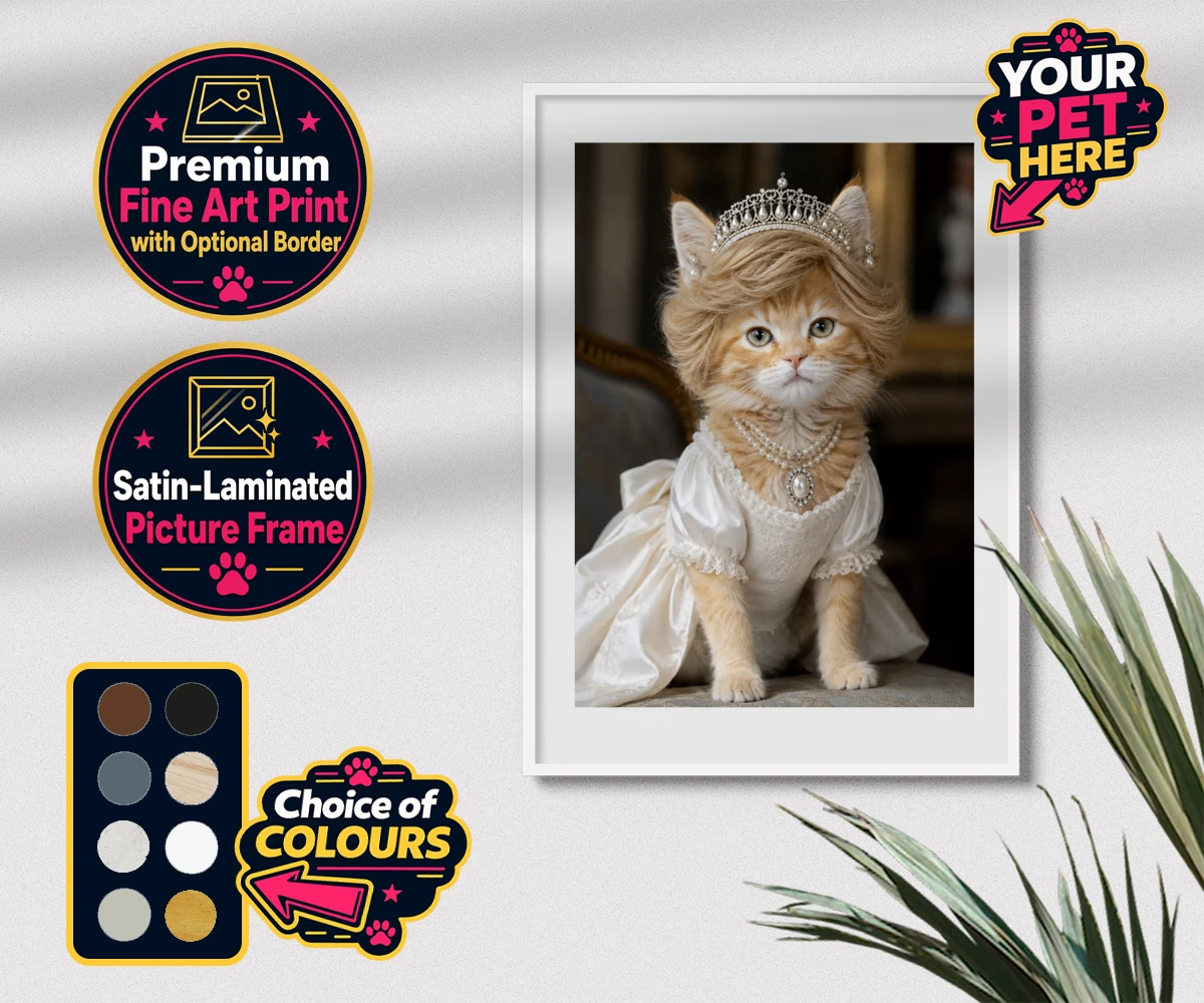 Personalised Queen of Hearts cat premium framed print featuring embrace the royal charm of the Queen of Hearts, a delightful custom po